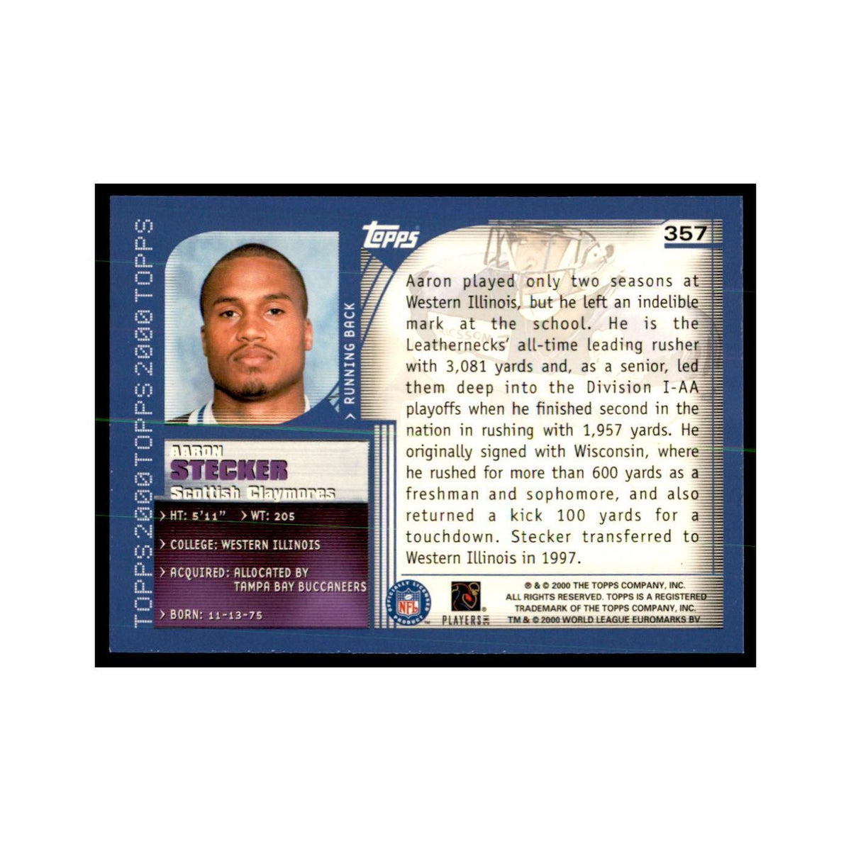 Aaron Stecker 2000 Topps #357 Football Cards Football Card NM