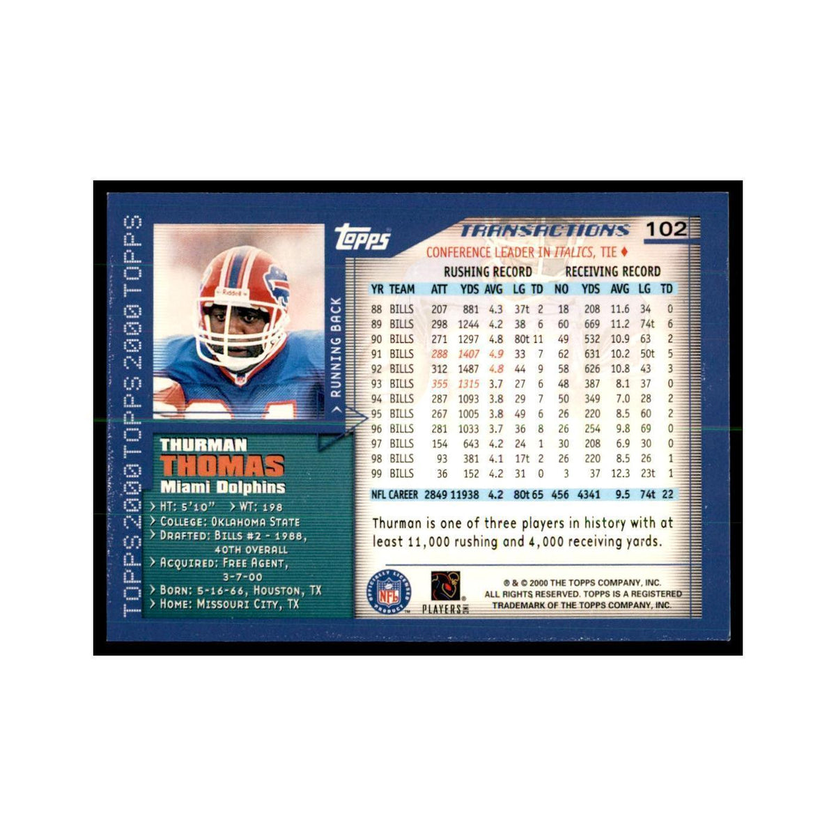 Thurman Thomas 2000 Topps #102 Football Cards Football Card NM