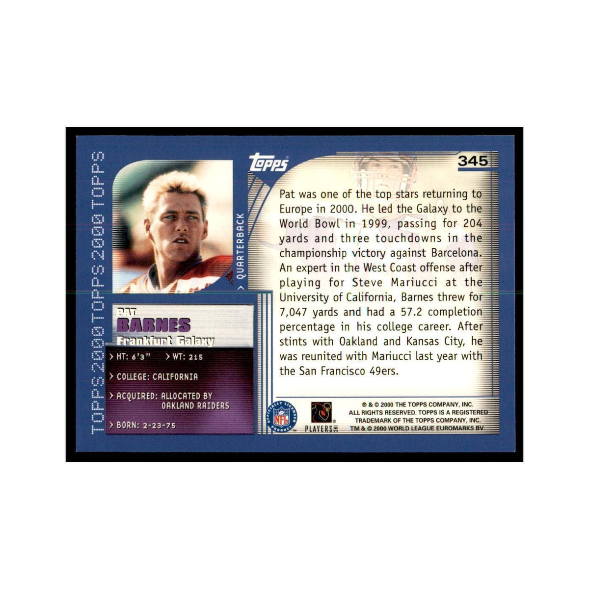 Pat Barnes 2000 Topps #345 Football Cards Football Card NM