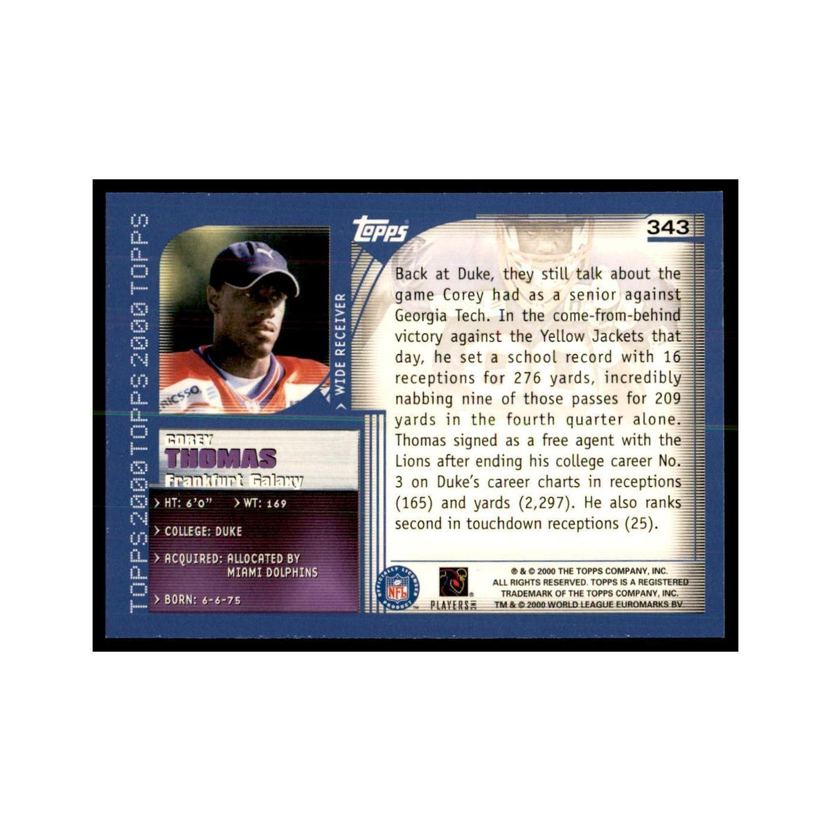 Corey Thomas 2000 Topps #343 Football Cards Football Card NM