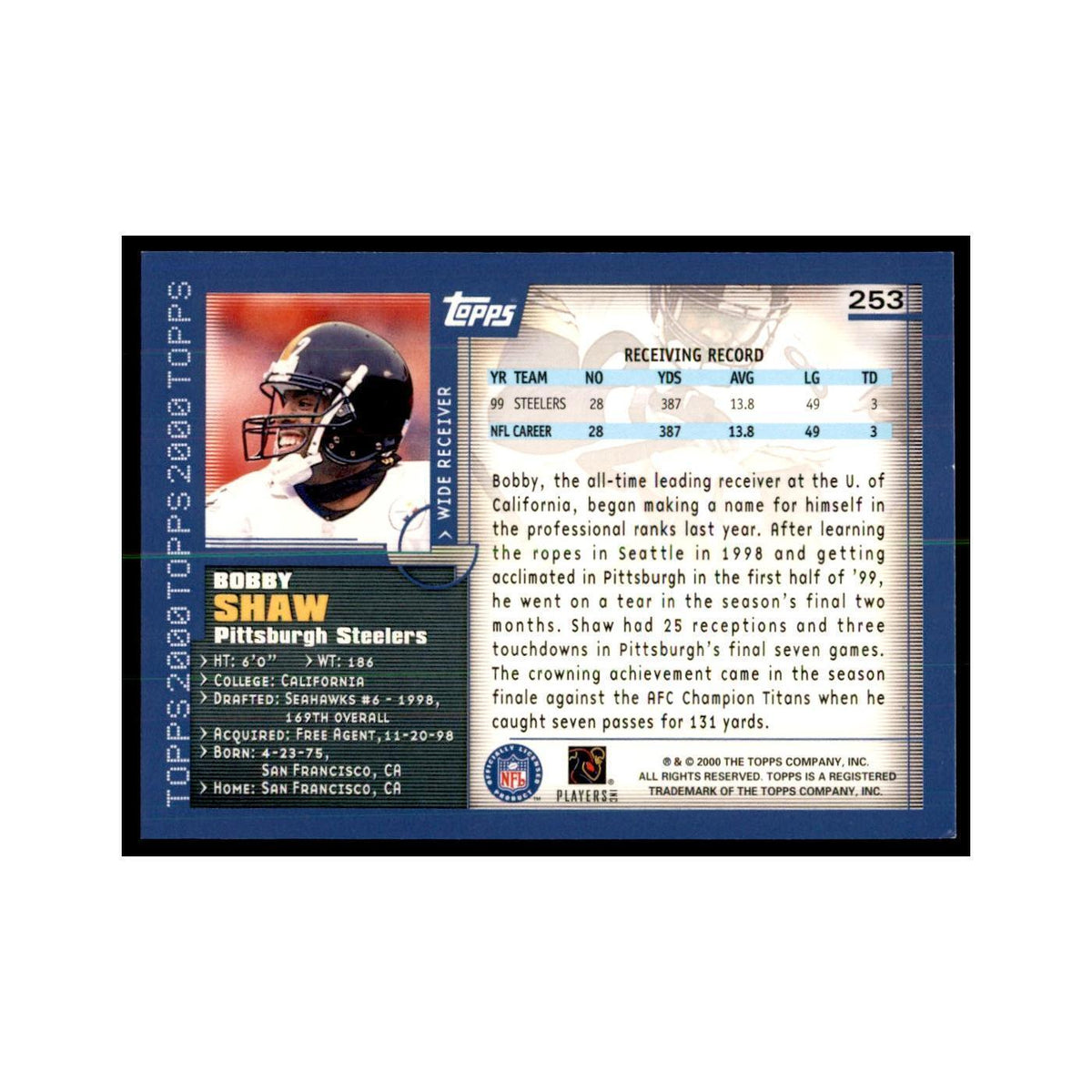 Bobby Shaw 2000 Topps #253 Football Cards Football Card NM