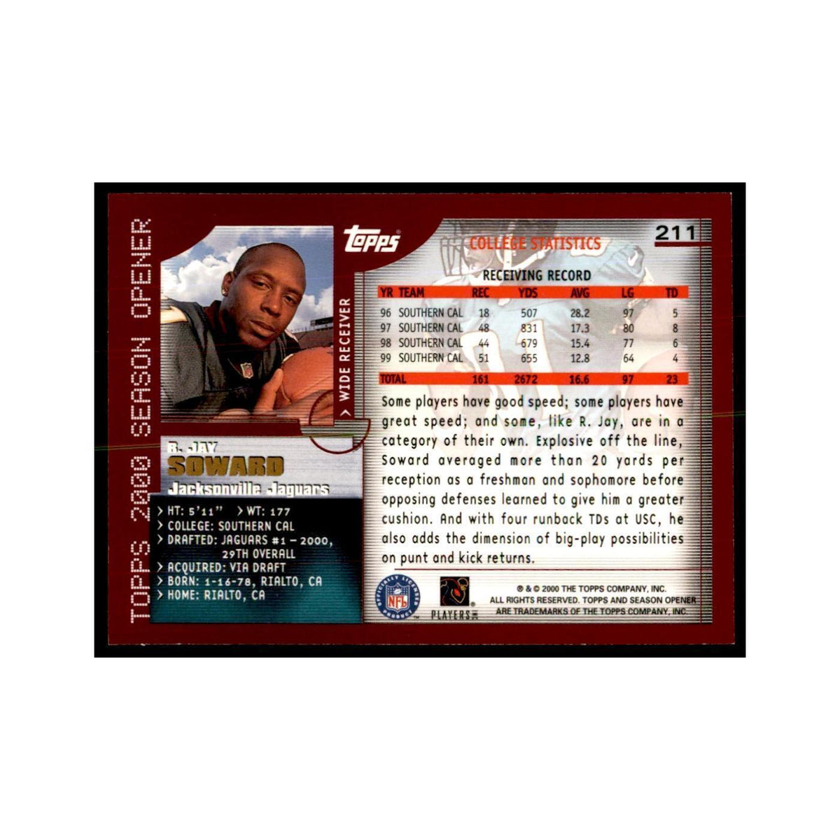 R.Jay Soward 2000 Topps #211 Football Cards Football Card NM