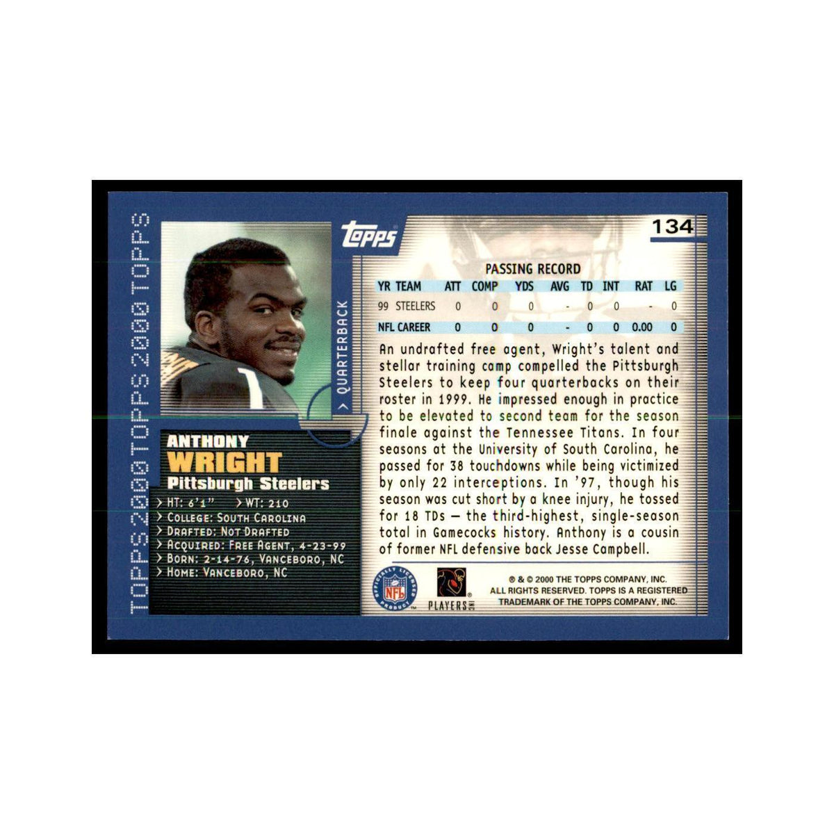 Anthony Wright 2000 Topps #134 Football Cards Football Card NM
