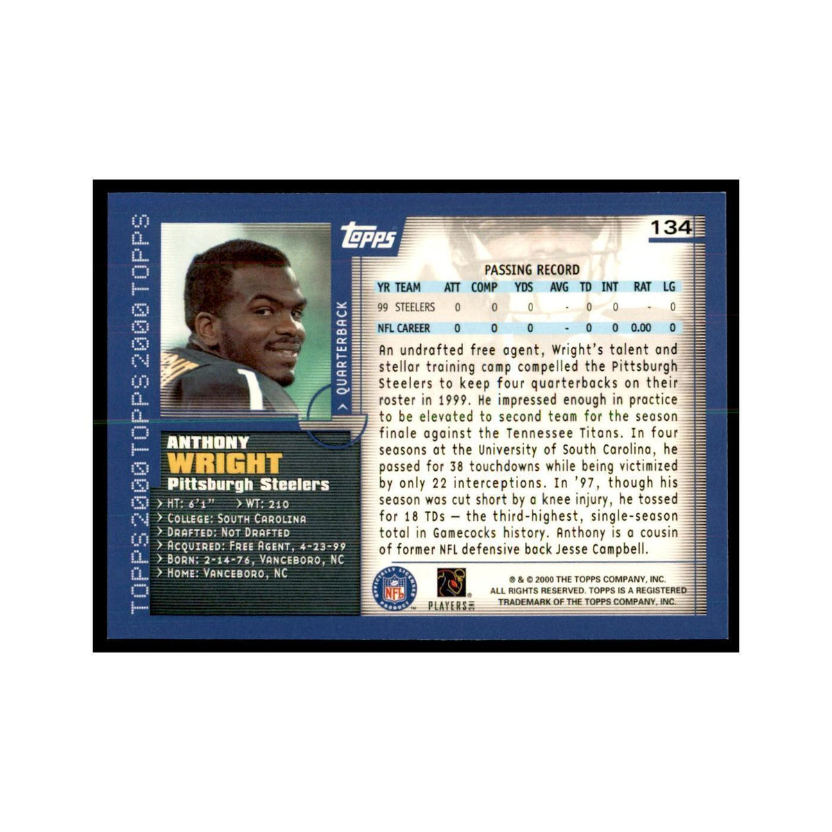 Anthony Wright 2000 Topps #134 Football Cards Football Card NM