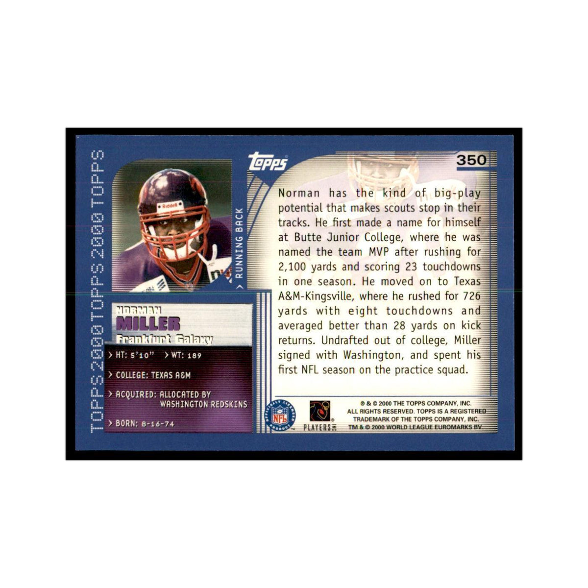 Norman Miller 2000 Topps #350 Football Cards Football Card NM