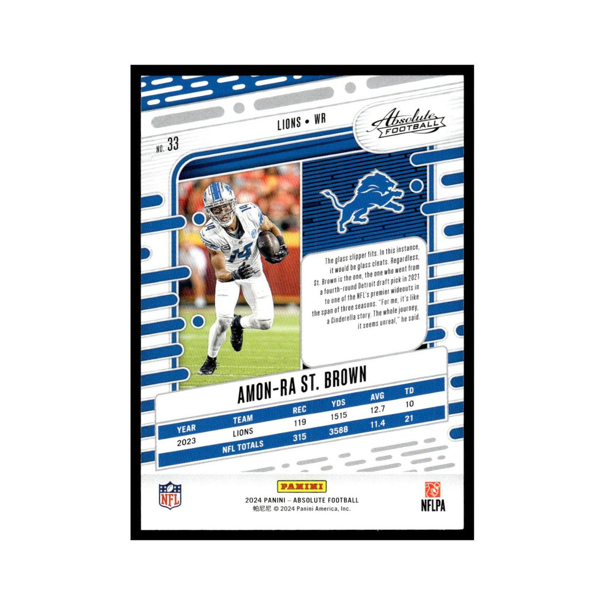 Amon-Ra St. Brown 2024 Panini Absolute #33 Detroit Lions Football Card NM