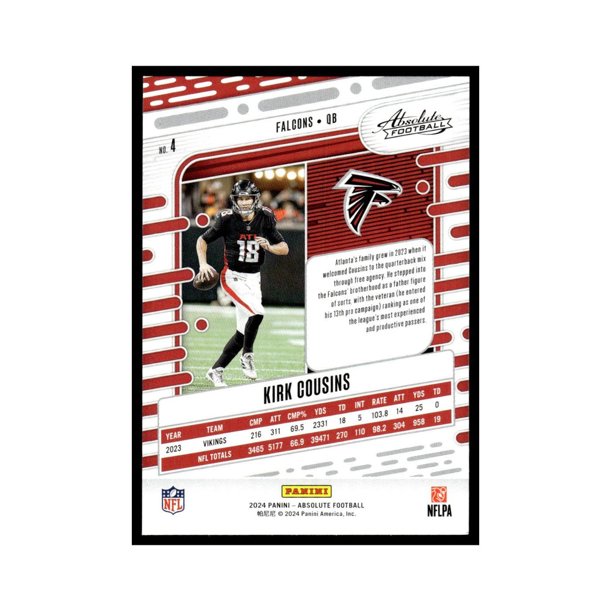 Kirk Cousins 2024 Panini Absolute #4 Atlanta Falcons Football Card NM