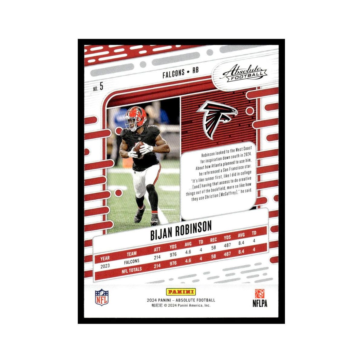 Bijan Robinson 2024 Panini Absolute #5 Atlanta Falcons Football Card NM