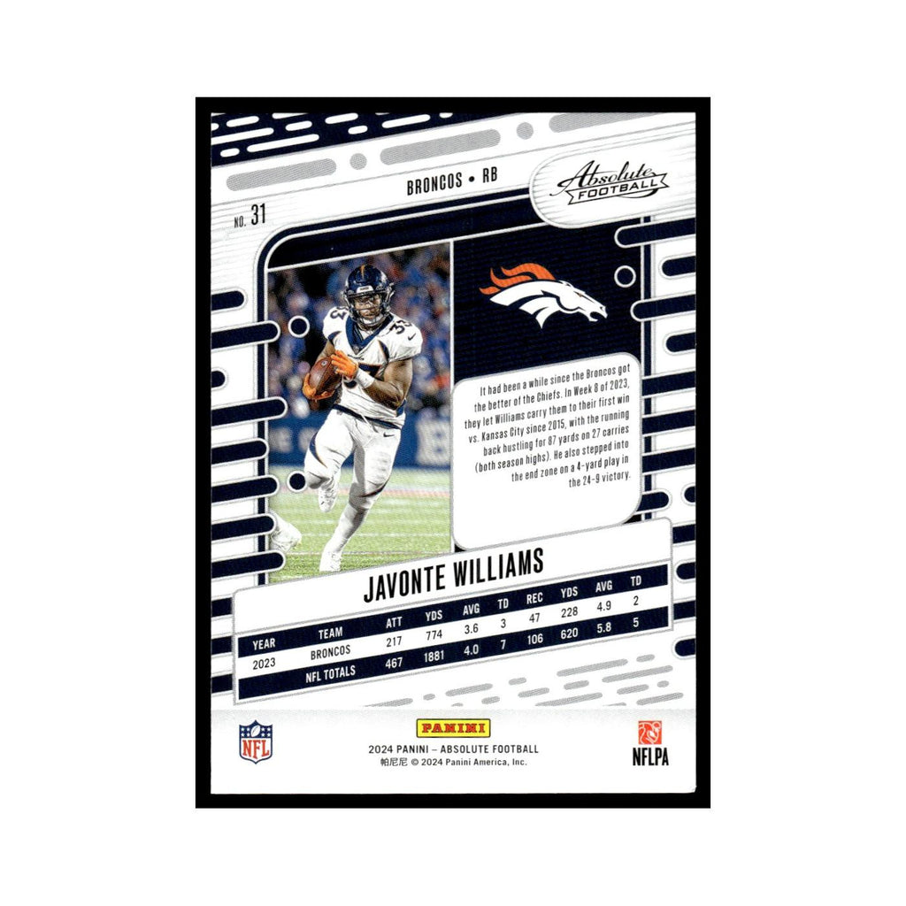 Javonte Williams 2024 Panini Absolute #31 Denver Broncos Football Card NM