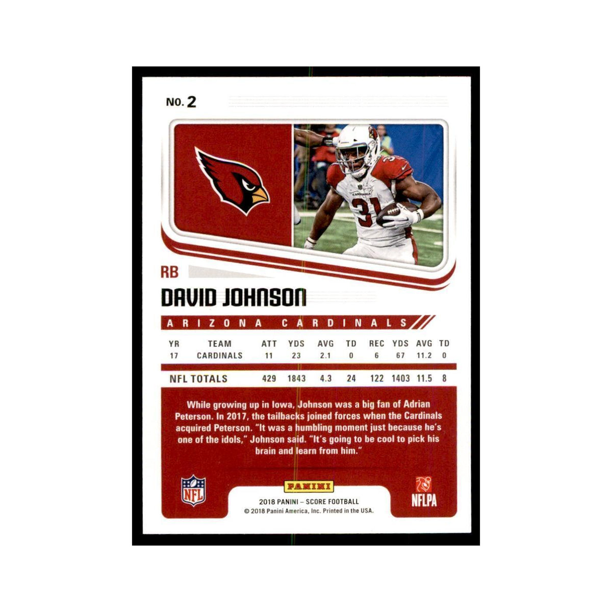 David Johnson 2018 Score #2 Football Cards Football Card NM