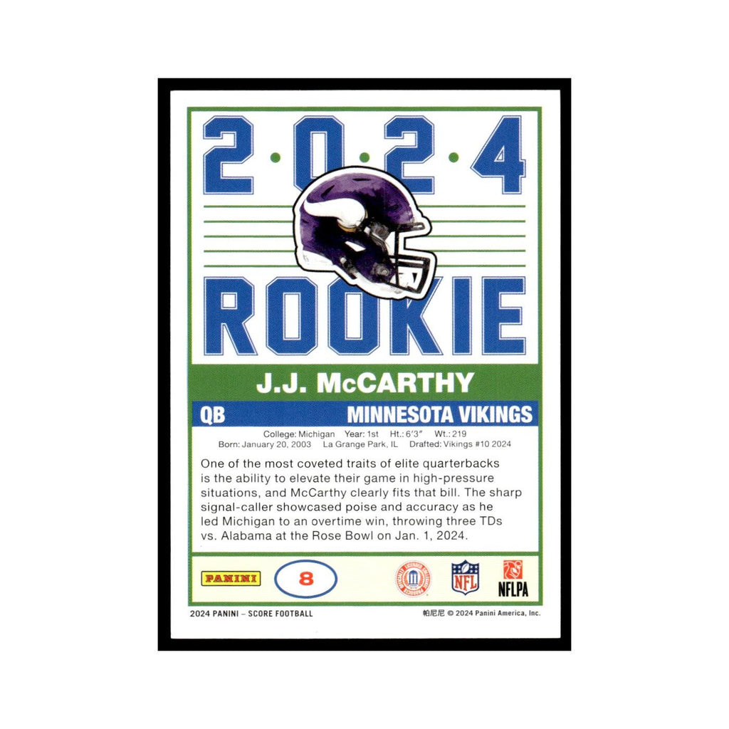 J.J. McCarthy Rookie 2024 Score #8 Minnesota Vikings Football Card NM