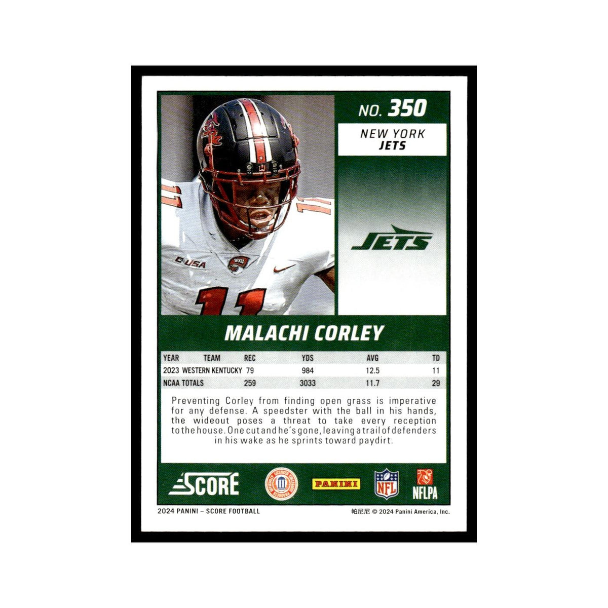 Malachi Corley Rookie 2024 Score #350 New York Jets Football Card NM