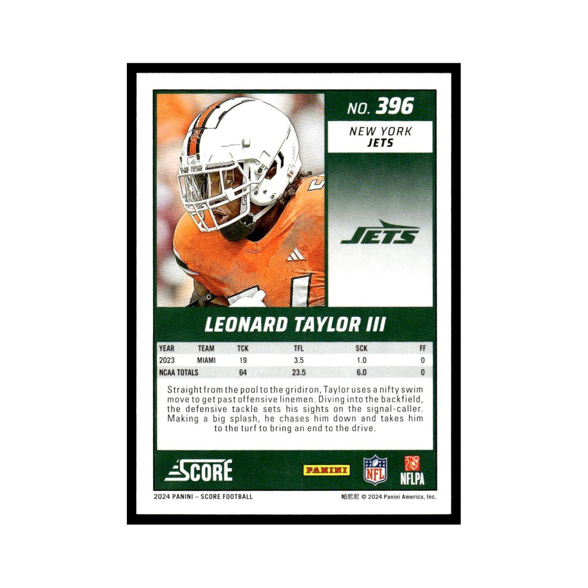Leonard Taylor III Rookie 2024 Score #396 New York Jets Football Card NM