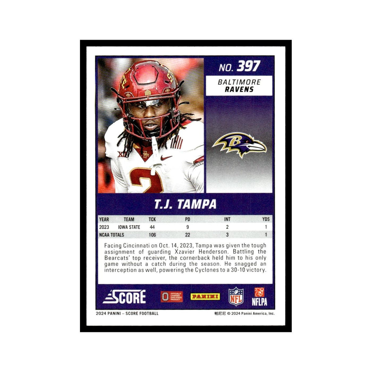 T.J. Tampa Rookie 2024 Score #397 Baltimore Ravens Football Card NM