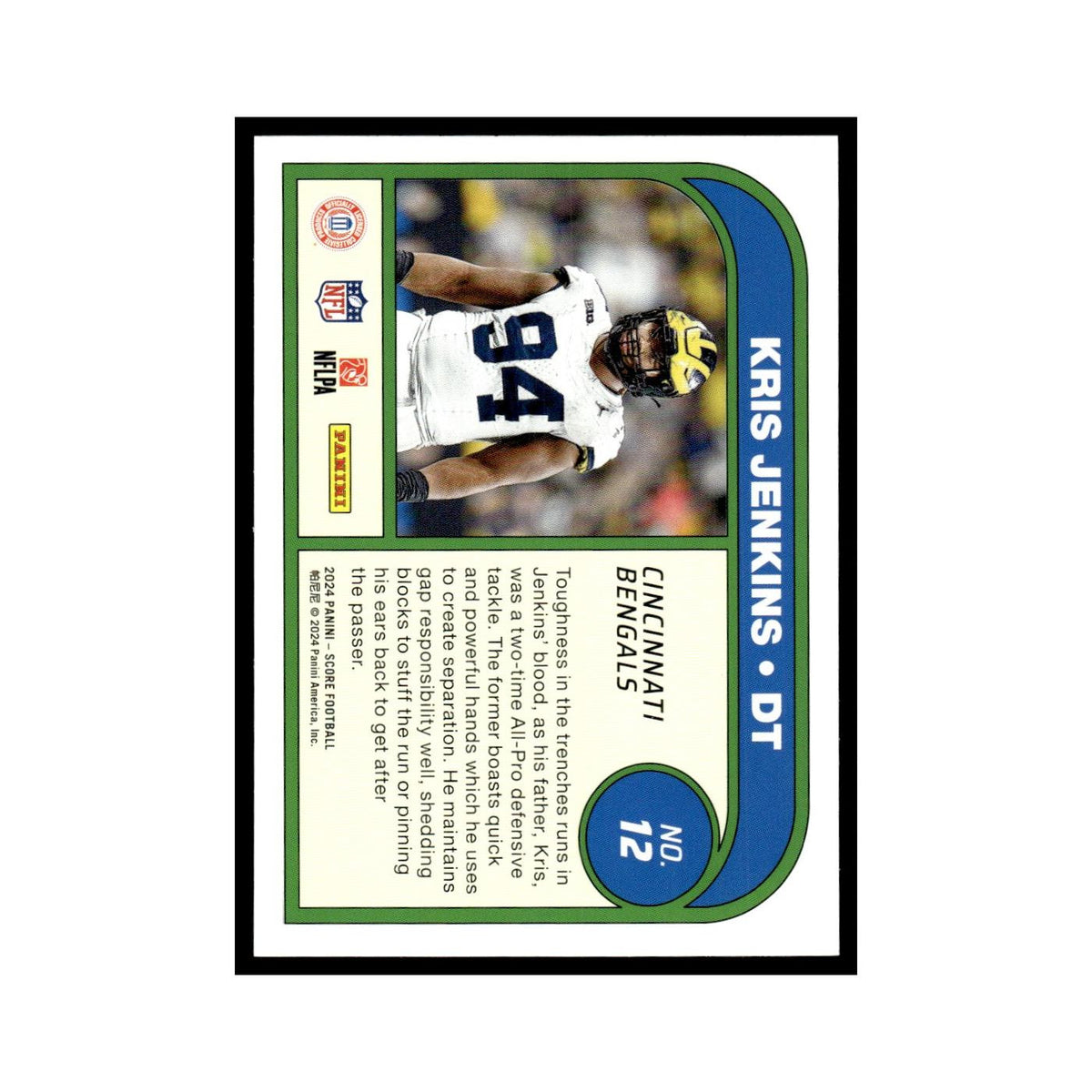 Kris Jenkins Rookie 2024 Score #12 Cincinnati Bengals Football Card NM