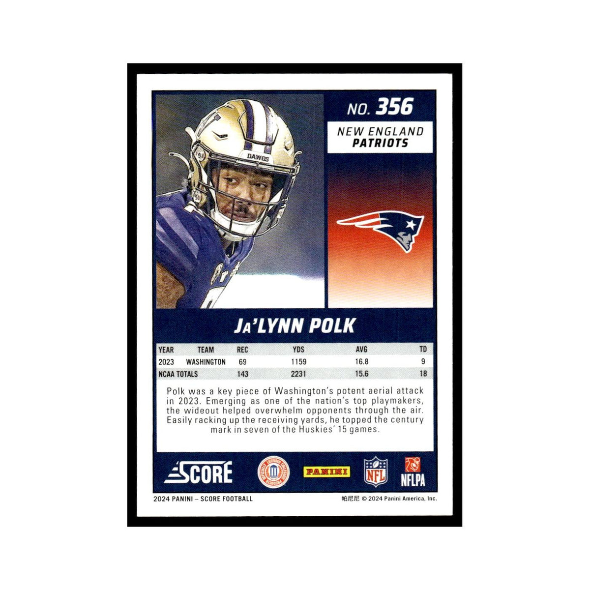 Ja'Lynn Polk Rookie 2024 Score #356 New England Patriots Football Card NM
