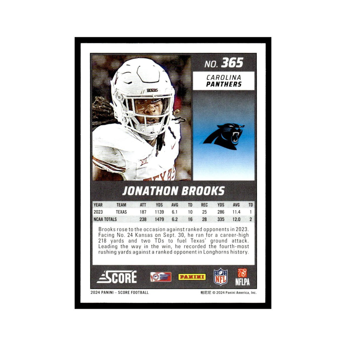 Jonathon Brooks Rookie 2024 Score #365 Carolina Panthers Football Card NM