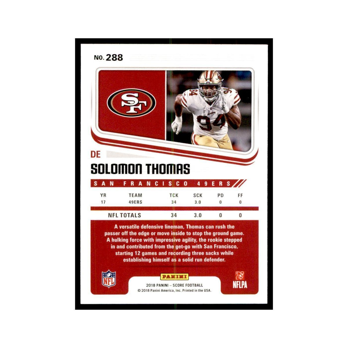 Solomon Thomas 2018 Score #288 Baseball Cards Football Card NM
