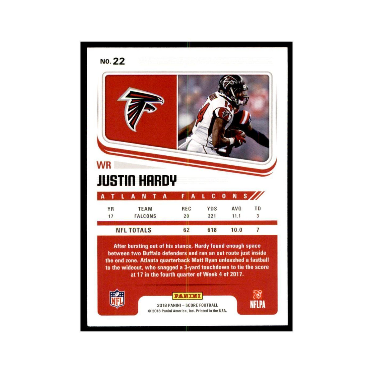 Justin Hardy 2018 Score #22 Baseball Cards Football Card NM