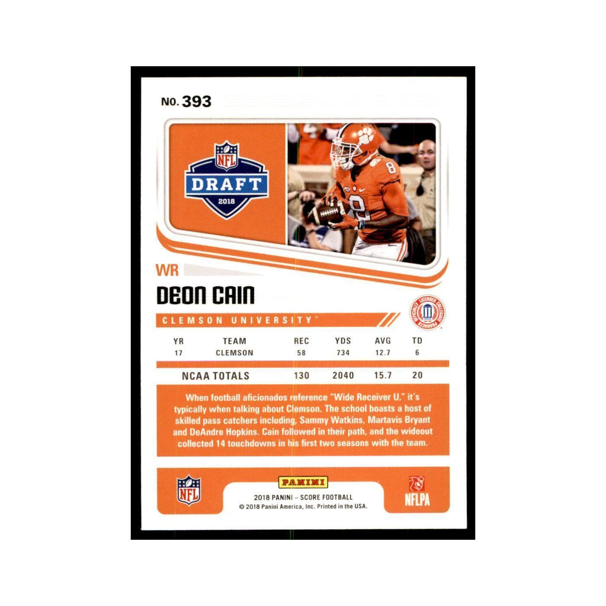 Deon Cain Rookie 2018 Score #393 Baseball Cards Football Card NM