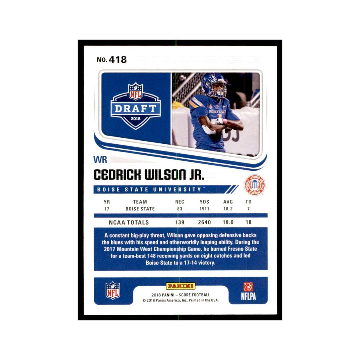 Cedrick Wilson Jr. Rookie 2018 Score #418 Baseball Cards Football Card NM