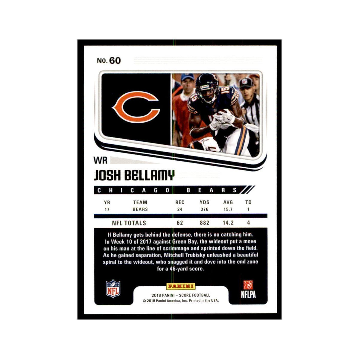Josh Bellamy 2018 Score #60 Baseball Cards Football Card NM