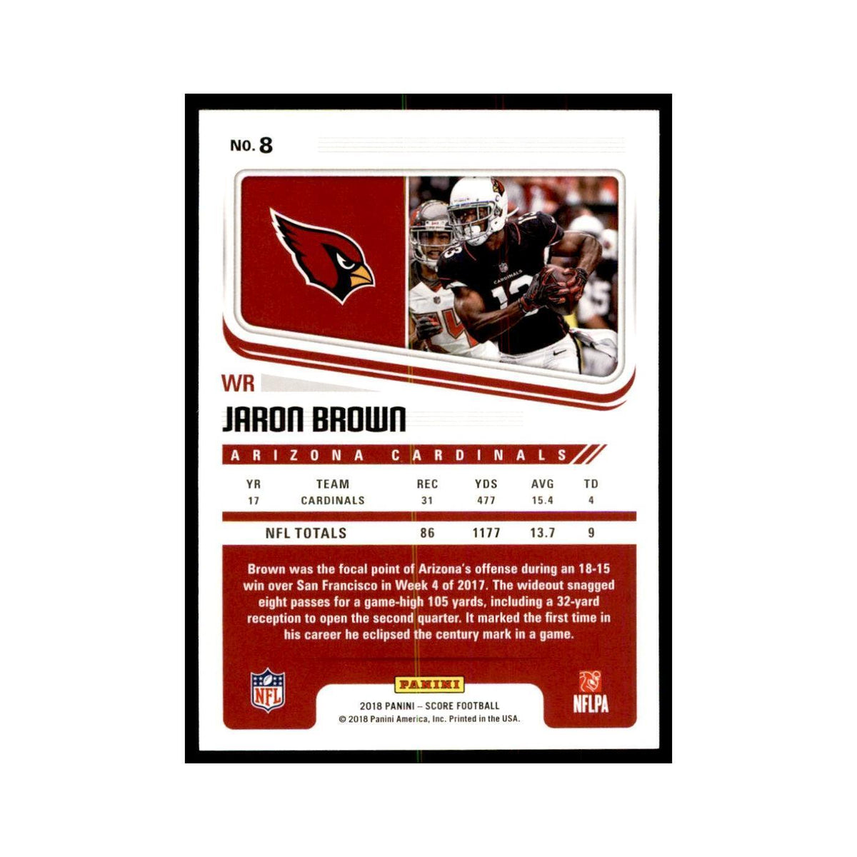 Jaron Brown 2018 Score #8 Baseball Cards Football Card NM