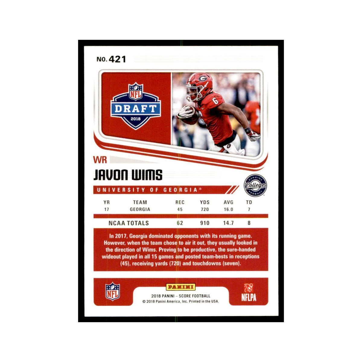 Javon Wims Rookie 2018 Score #421 Baseball Cards Football Card NM