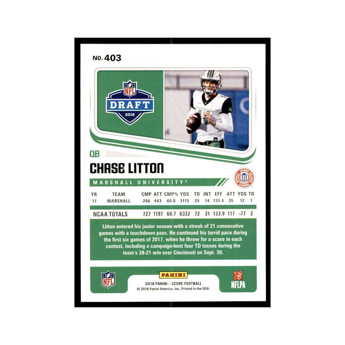 Chase Litton Rookie 2018 Score #403 Baseball Cards Football Card NM