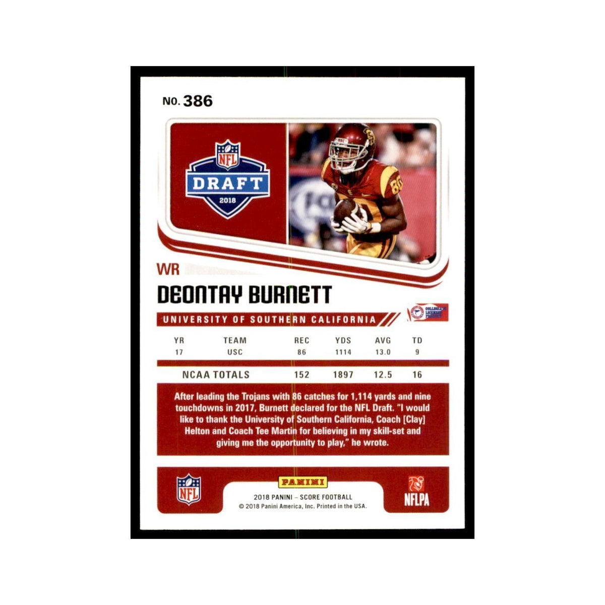 Deontay Burnett Rookie 2018 Score #386 Baseball Cards Football Card NM