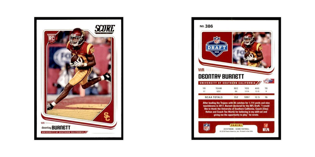 Deontay Burnett Rookie 2018 Score #386 Baseball Cards Football Card NM