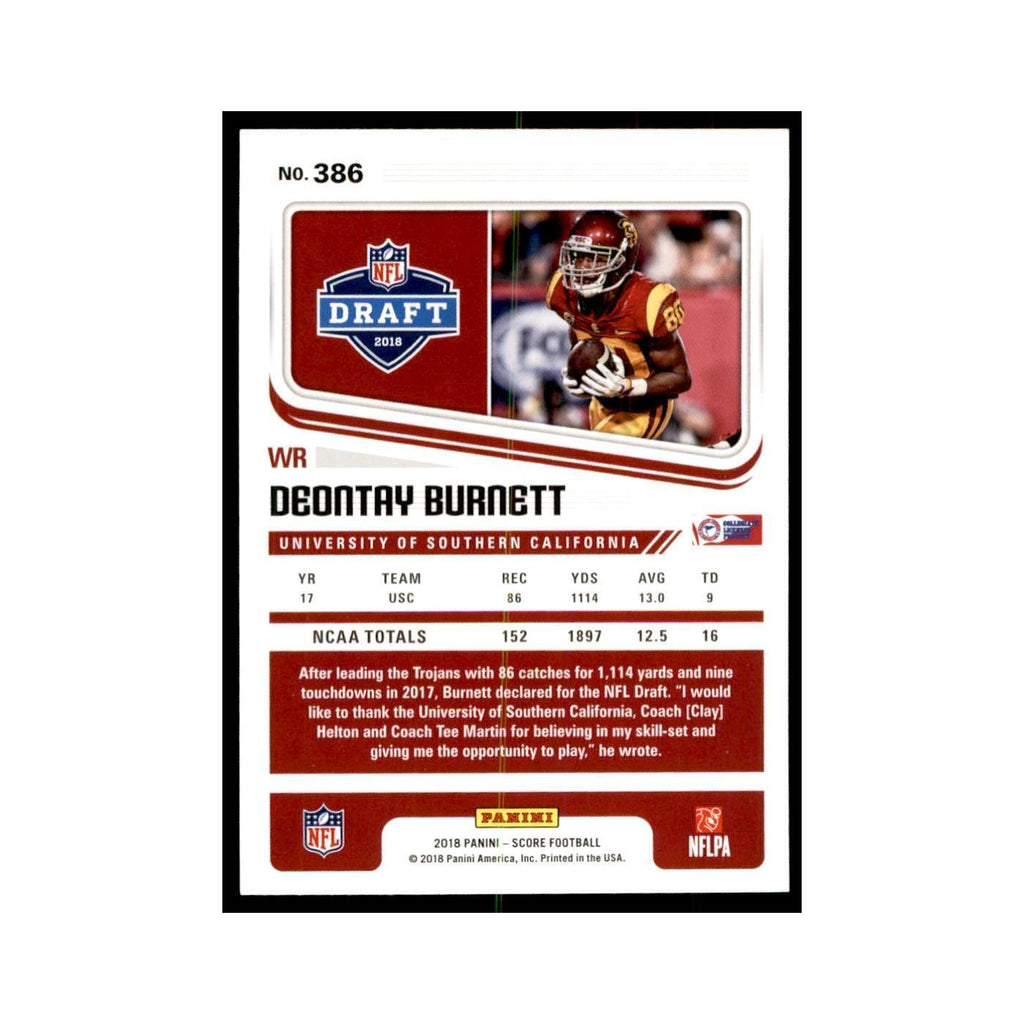 Deontay Burnett Rookie 2018 Score #386 Baseball Cards Football Card NM