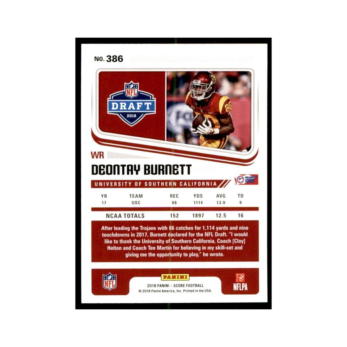 Deontay Burnett Rookie 2018 Score #386 Baseball Cards Football Card NM