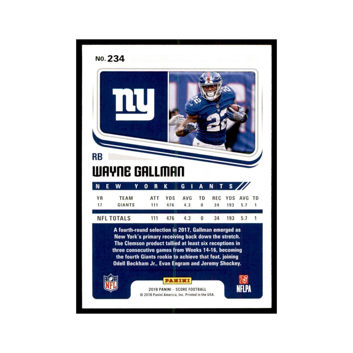 Wayne Gallman 2018 Score #234 Baseball Cards Football Card NM