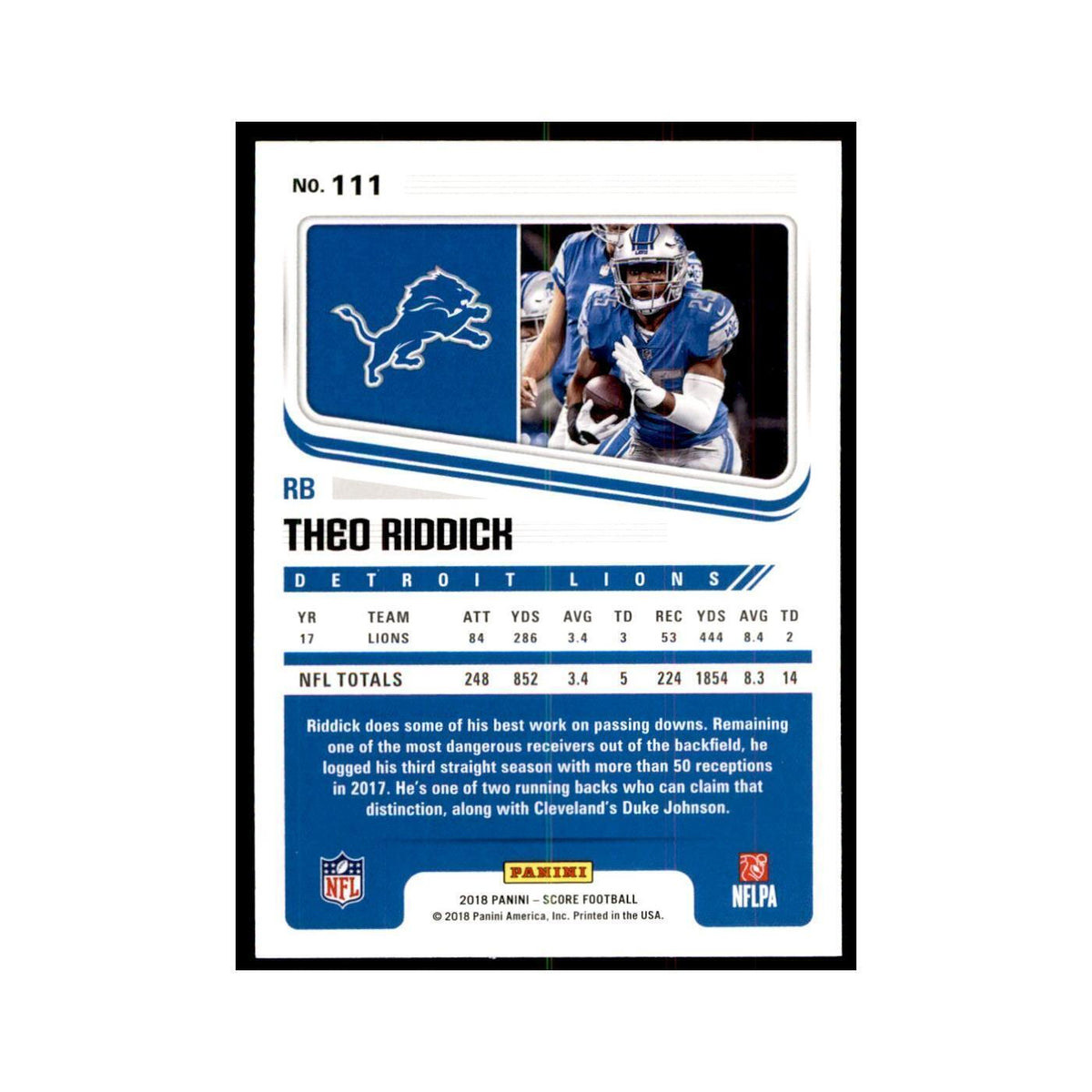 Theo Riddick 2018 Score #111 Baseball Cards Football Card NM