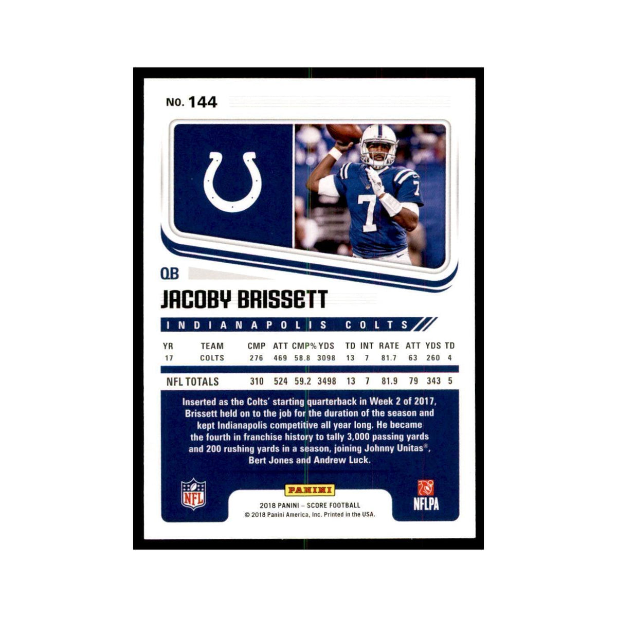 Jacoby Brissett 2018 Score #144 Baseball Cards Football Card NM