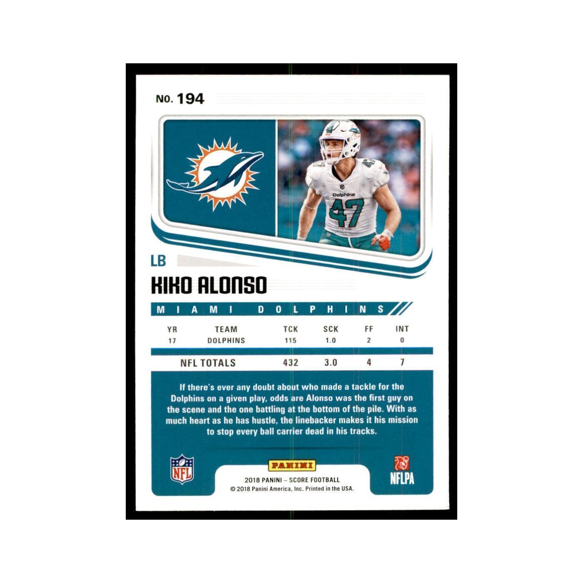 Kiko Alonso 2018 Score #194 Baseball Cards Football Card NM
