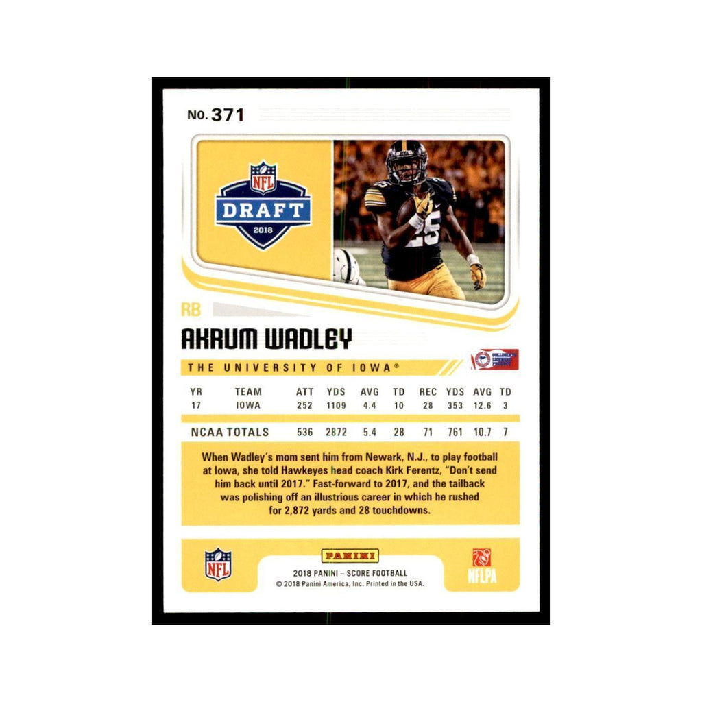 Akrum Wadley Rookie 2018 Score #371 Baseball Cards Football Card NM
