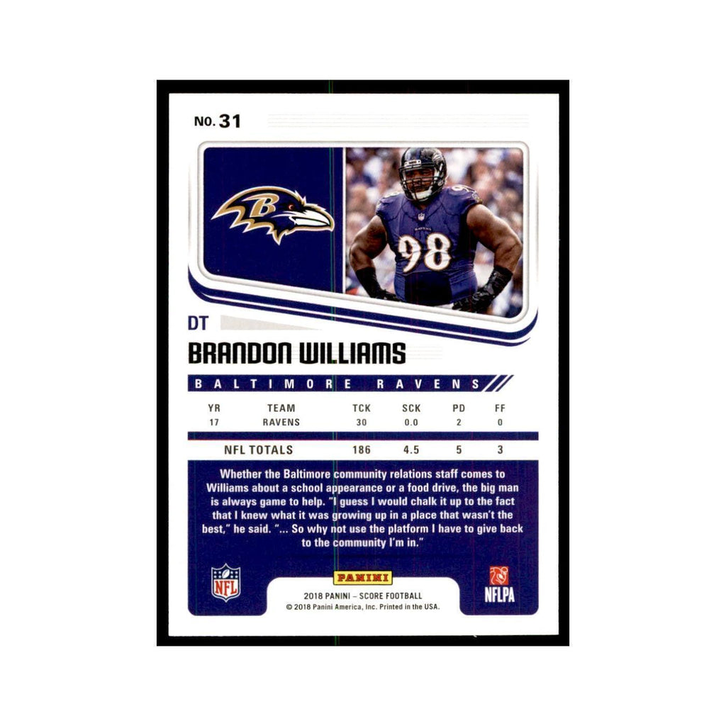 Brandon Williams 2018 Score #31 Baseball Cards Football Card NM