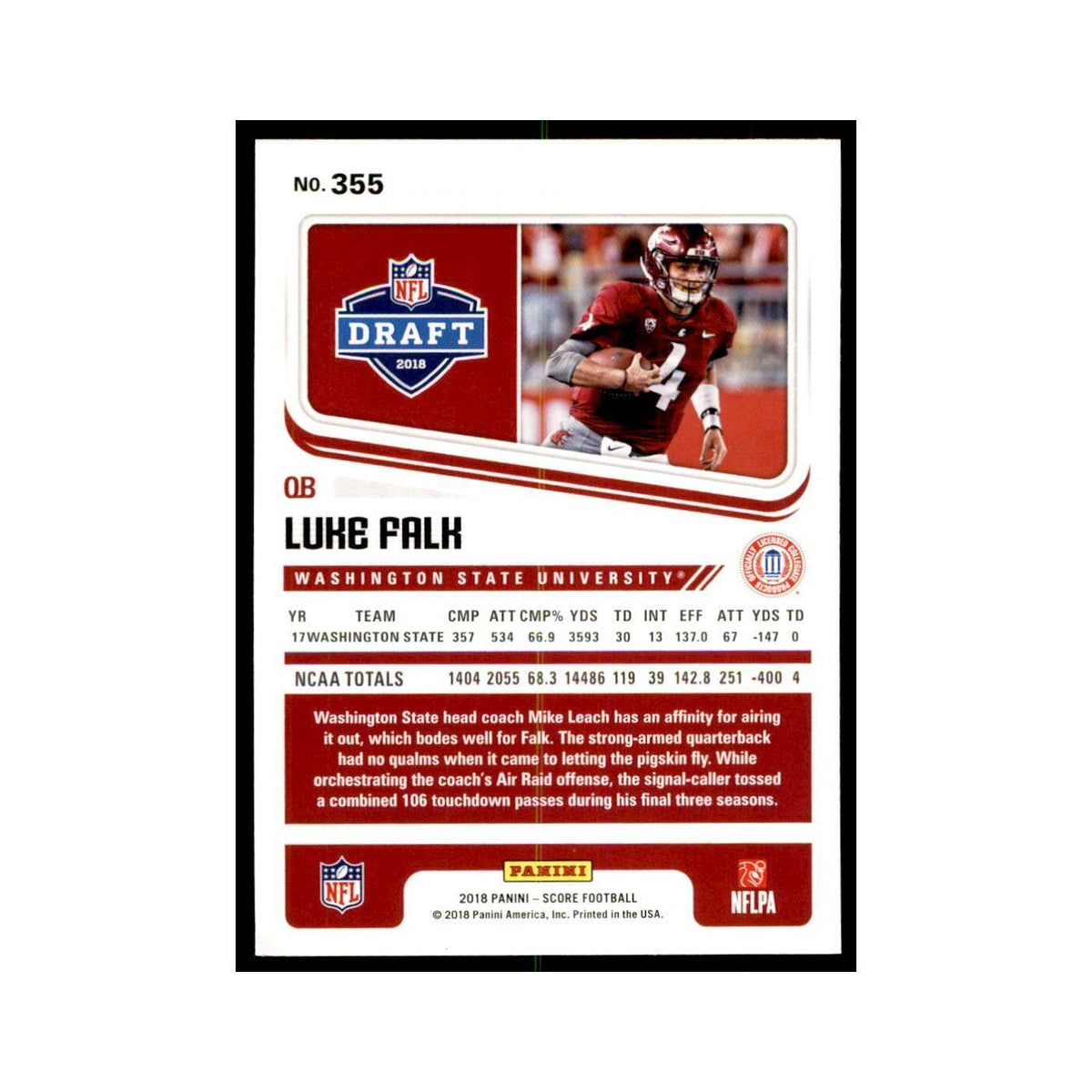 Luke Falk Rookie 2018 Score #355 Baseball Cards Football Card NM