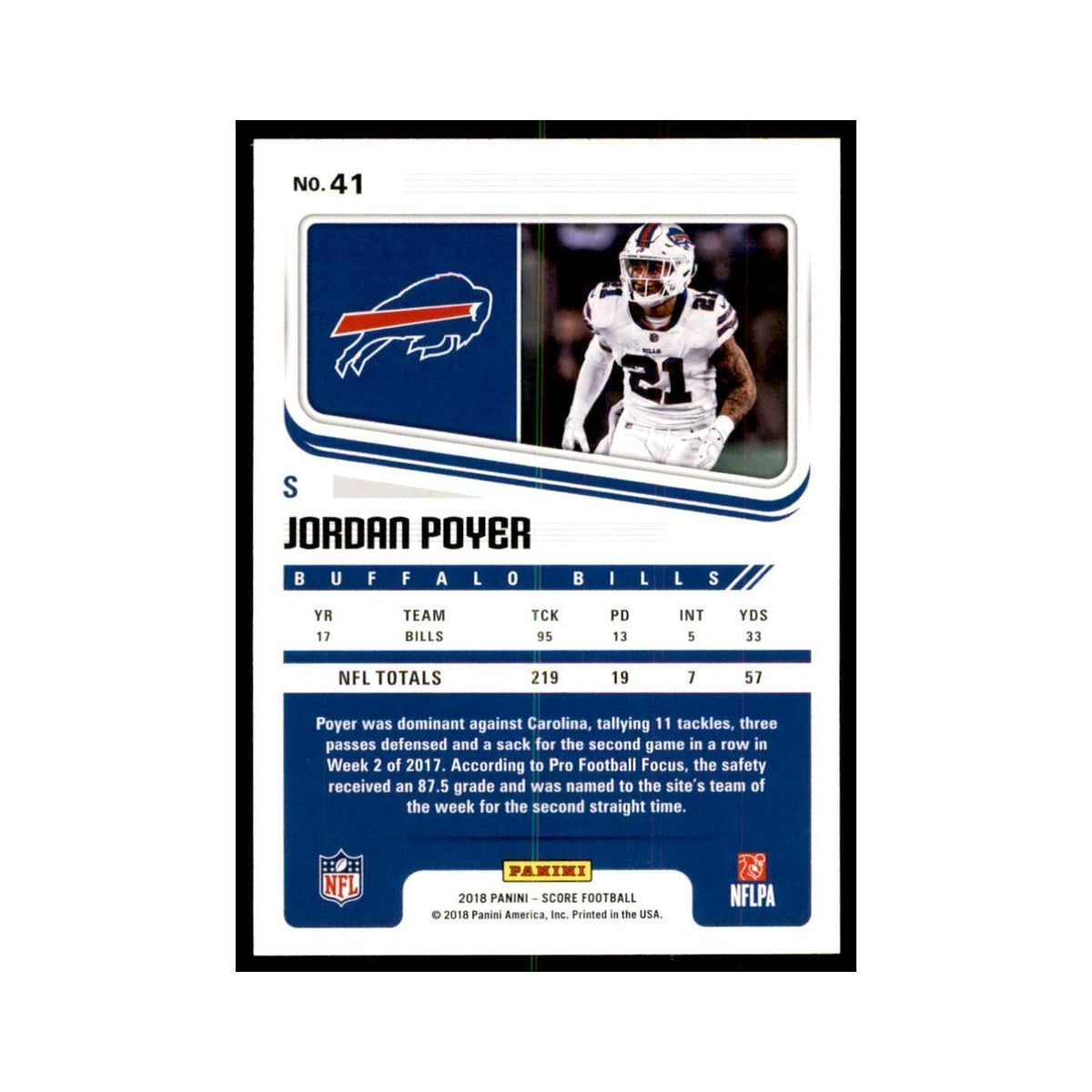 Jordan Poyer 2018 Score #41 Baseball Cards Football Card NM
