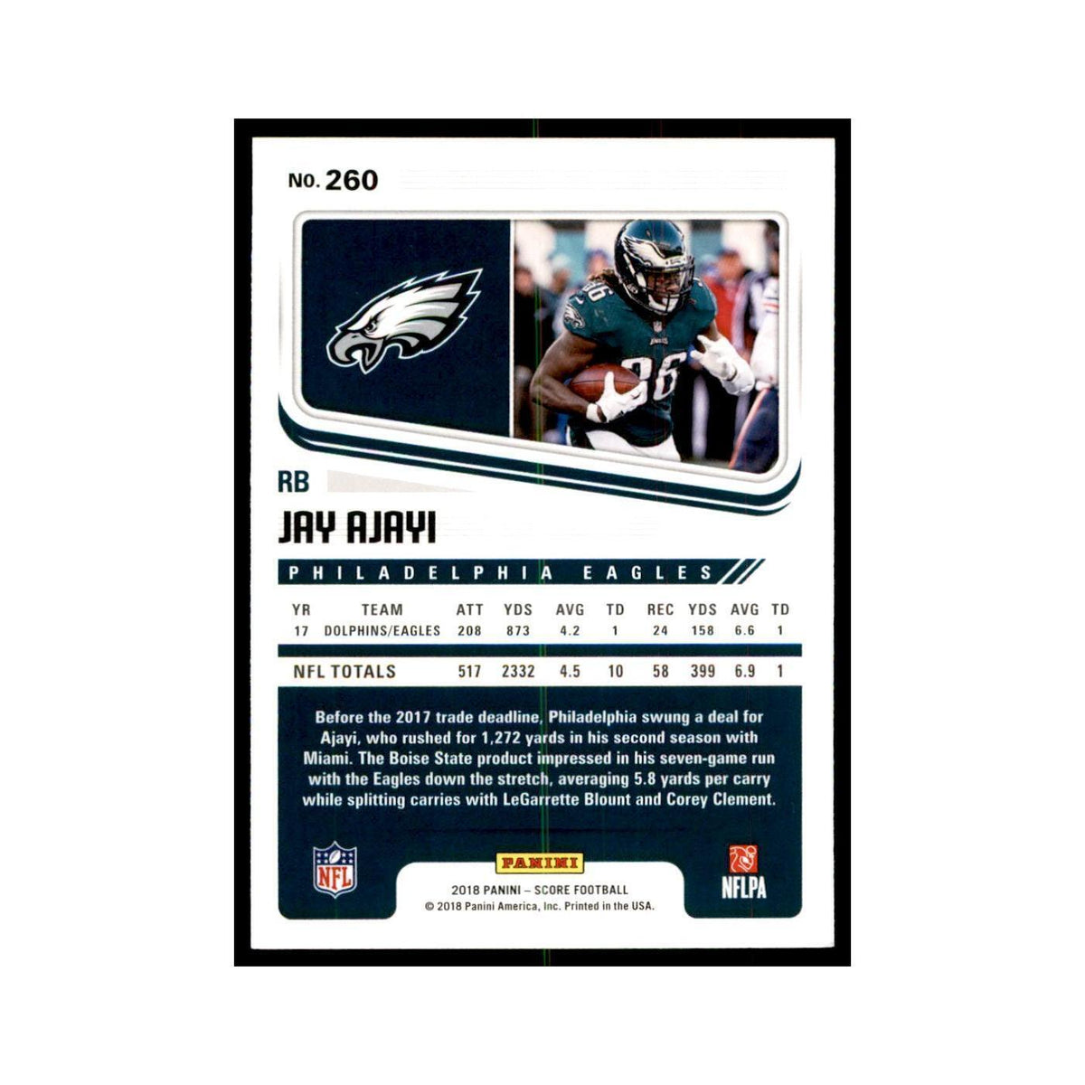 Jay Ajayi 2018 Score #260 Baseball Cards Football Card NM