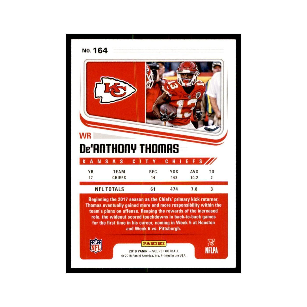 De'Anthony Thomas 2018 Score #164 Baseball Cards Football Card NM