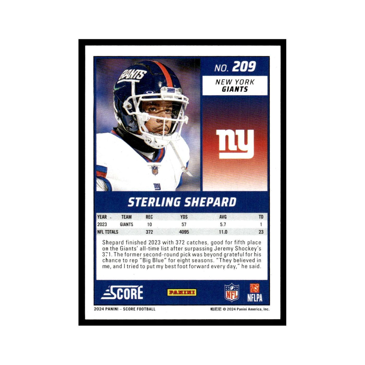 Sterling Shepard 2024 Score #209 New York Giants Football Card NM