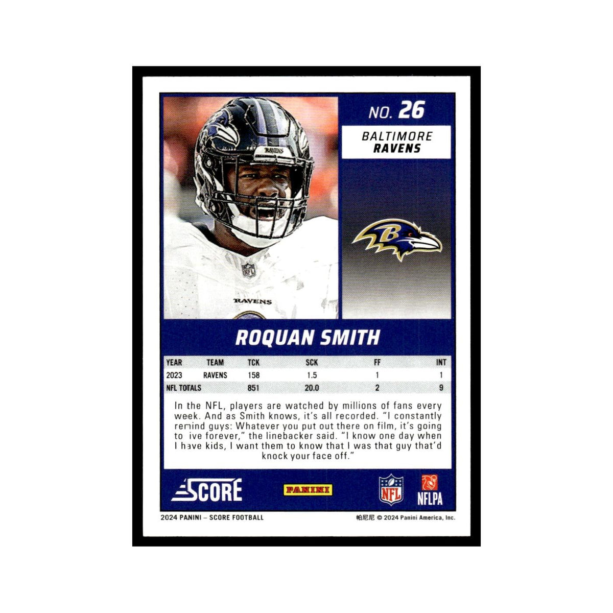 Roquan Smith 2024 Score #26 Baltimore Ravens Football Card NM