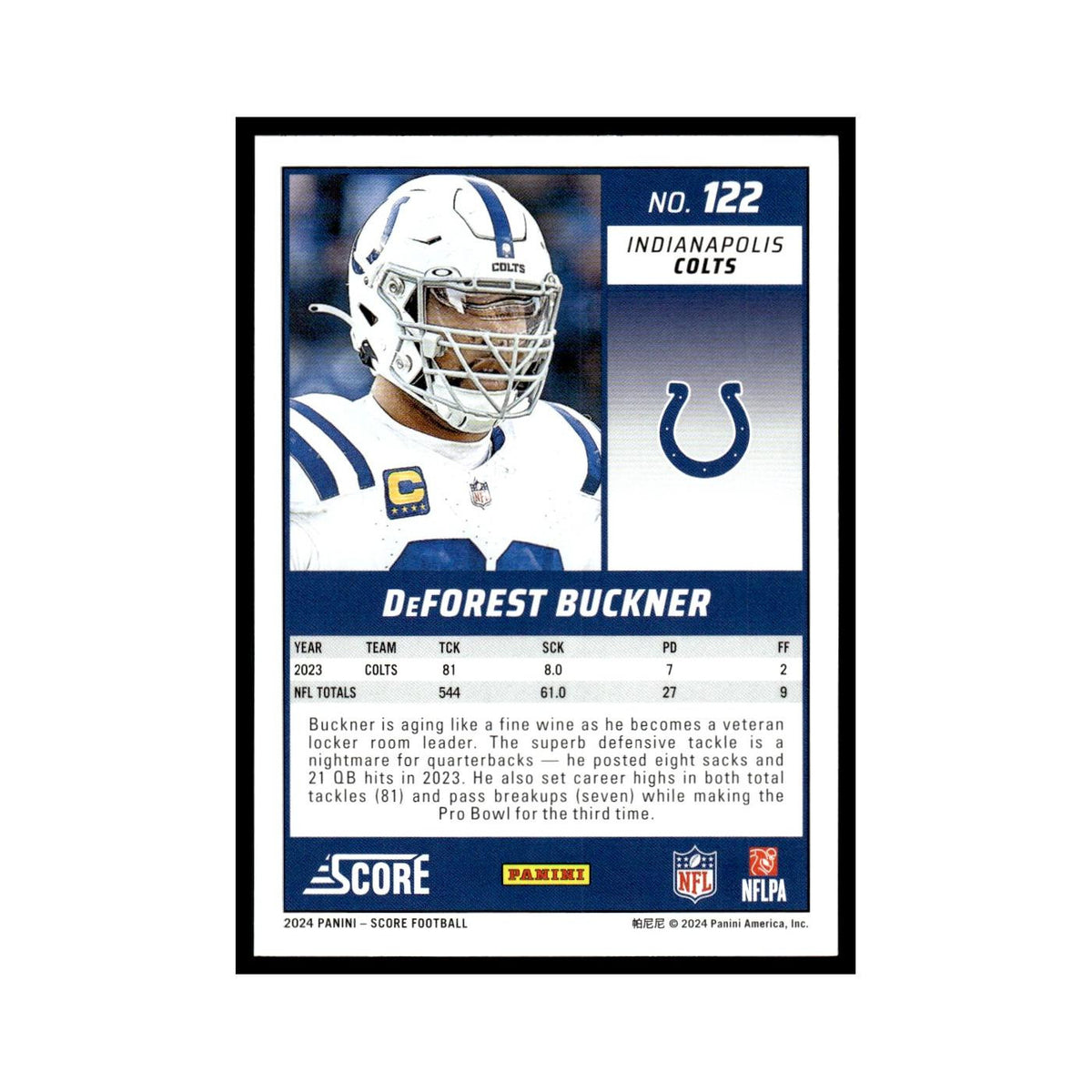 DeForest Buckner 2024 Score #122 Indianapolis Colts Football Card NM