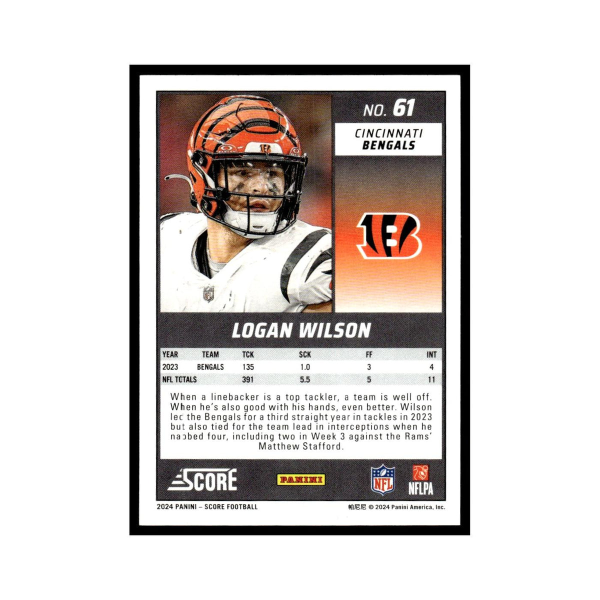 Logan Wilson 2024 Score #61 Cincinnati Bengals Football Card NM