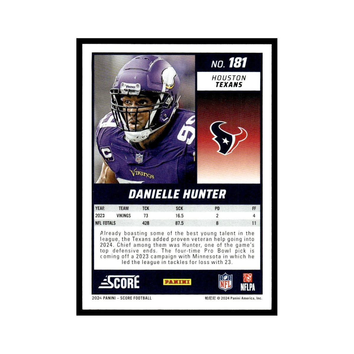 Danielle Hunter 2024 Score #181 Houston Texans Football Card NM