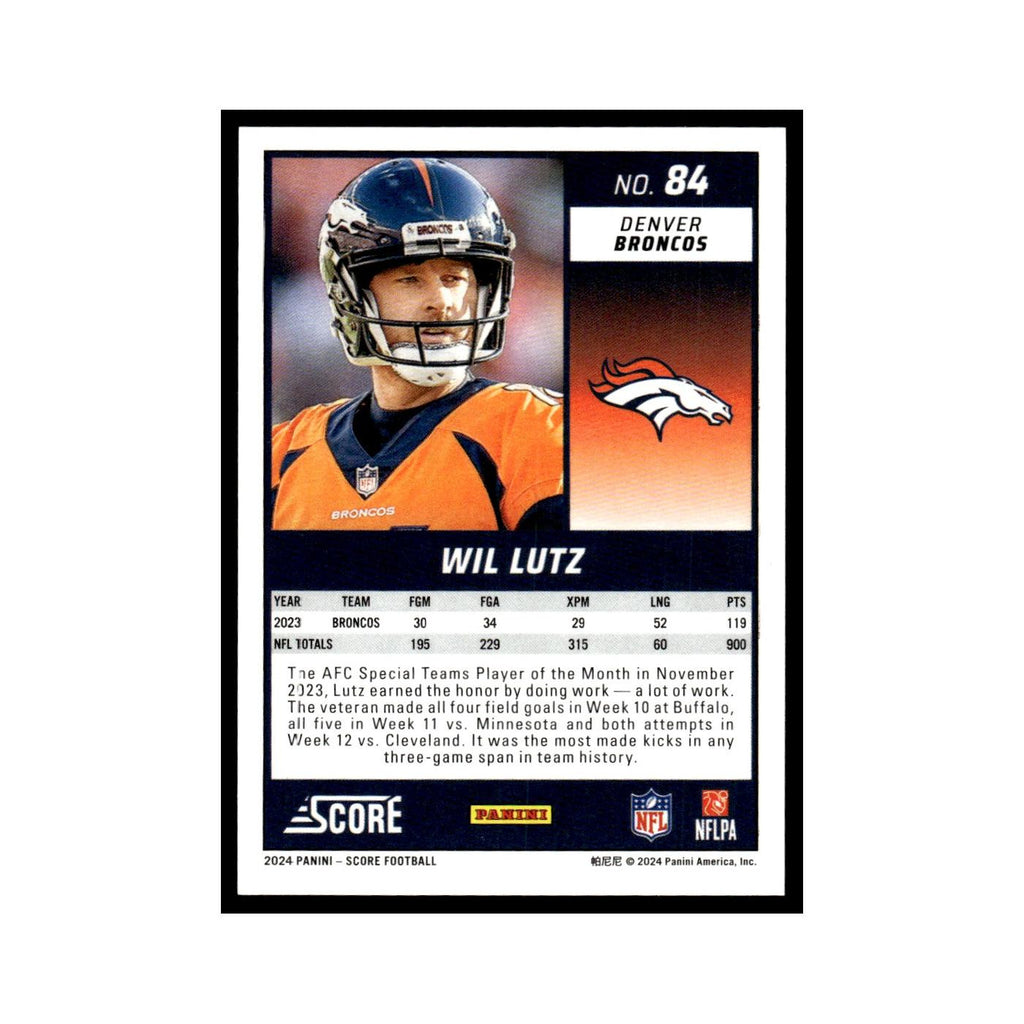 Wil Lutz 2024 Score #84 Denver Broncos Football Card NM