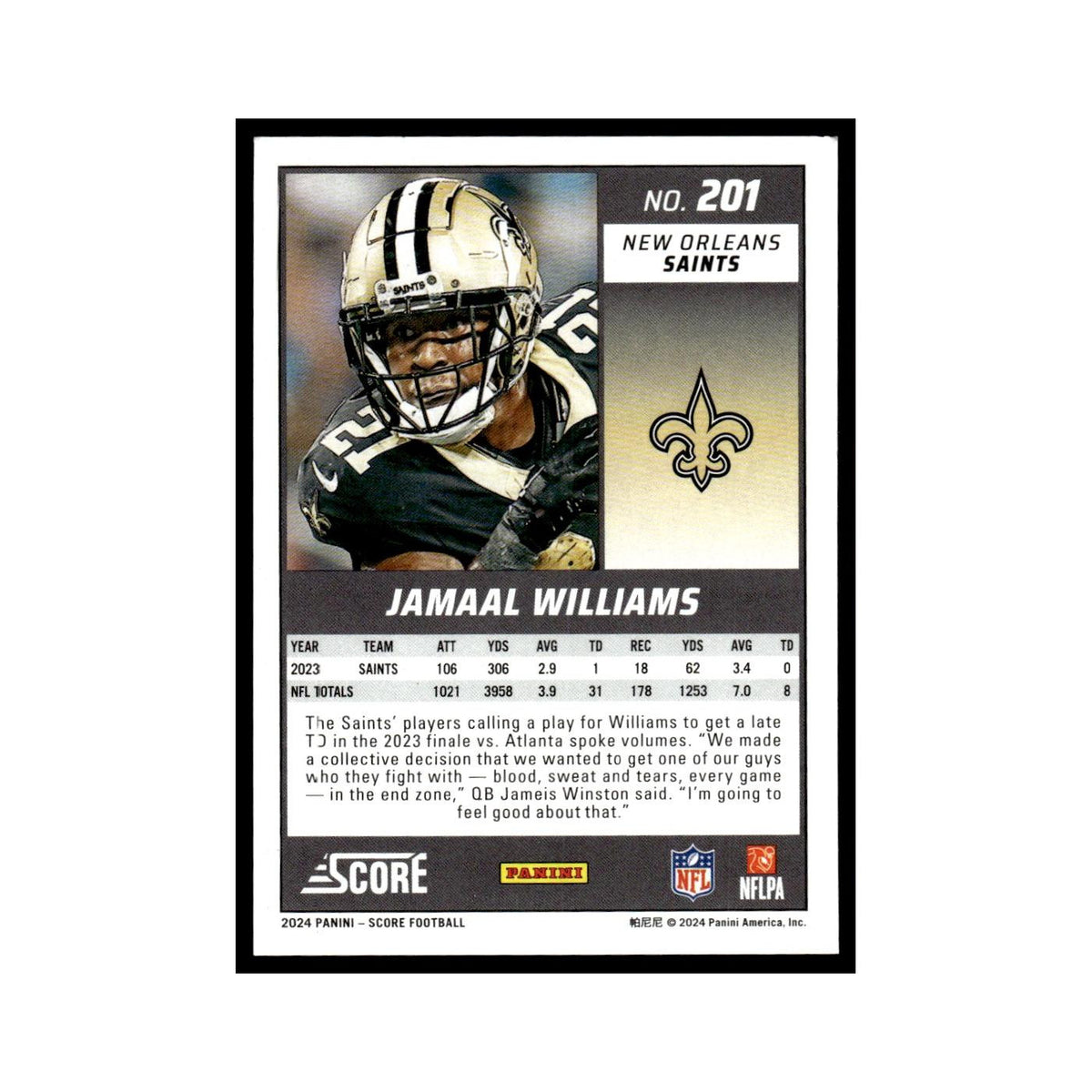 Jamaal Williams 2024 Score #201 New Orleans Saints Football Card NM